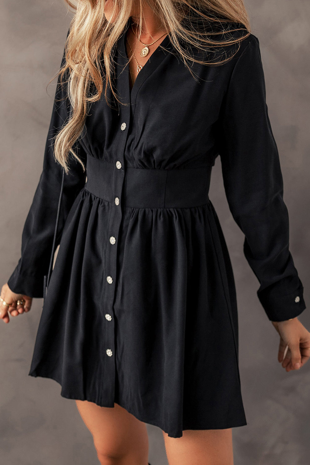 Black Elastic Cinched High Waist Long Sleeve Shirt Mini Dress - Front Right View