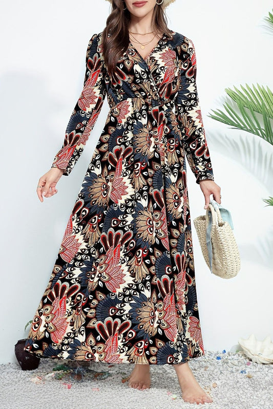 Black Floral Print V Neck Wrap High Waist Maxi Dress - Front View 