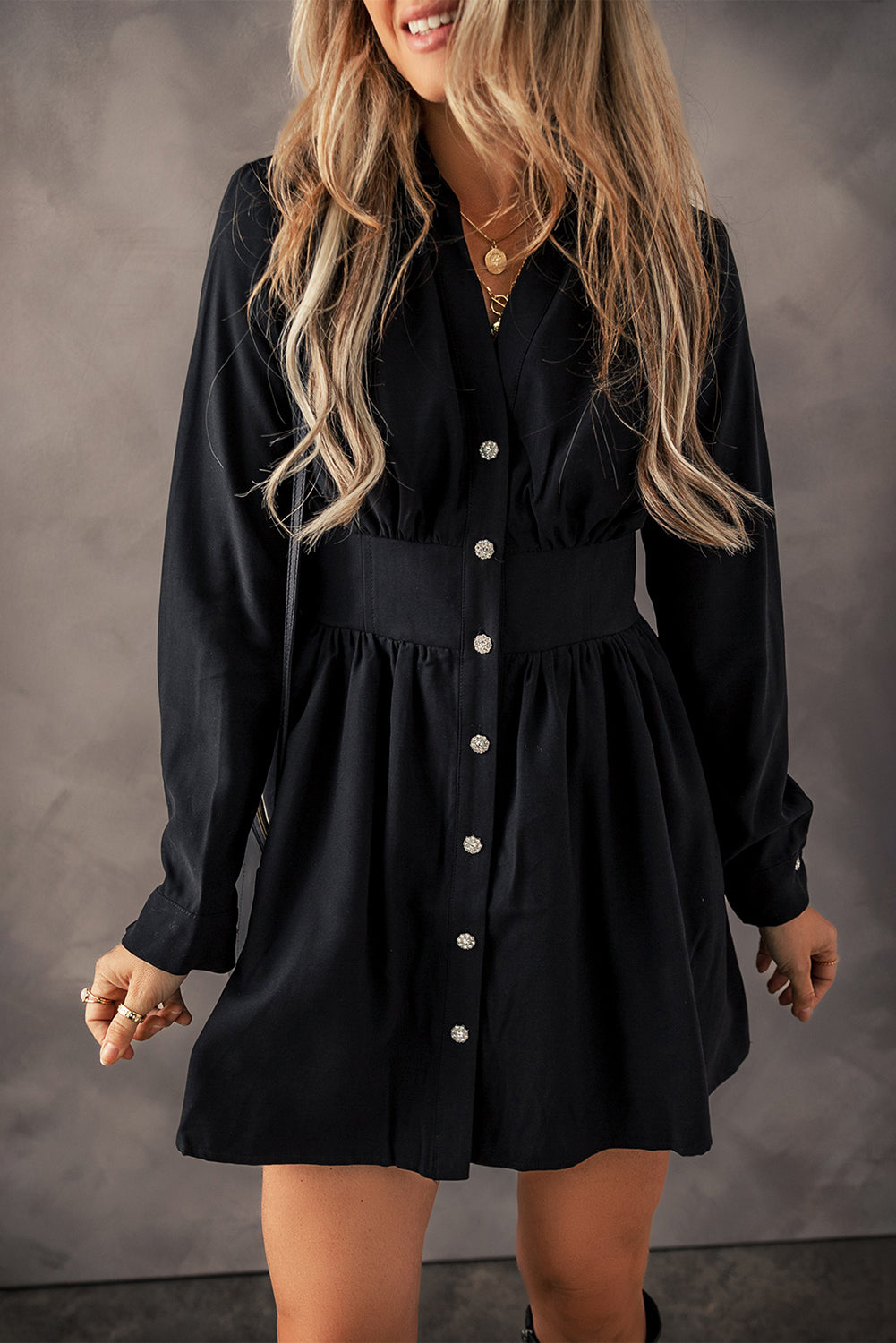 Black Elastic Cinched High Waist Long Sleeve Shirt Mini Dress- Front View