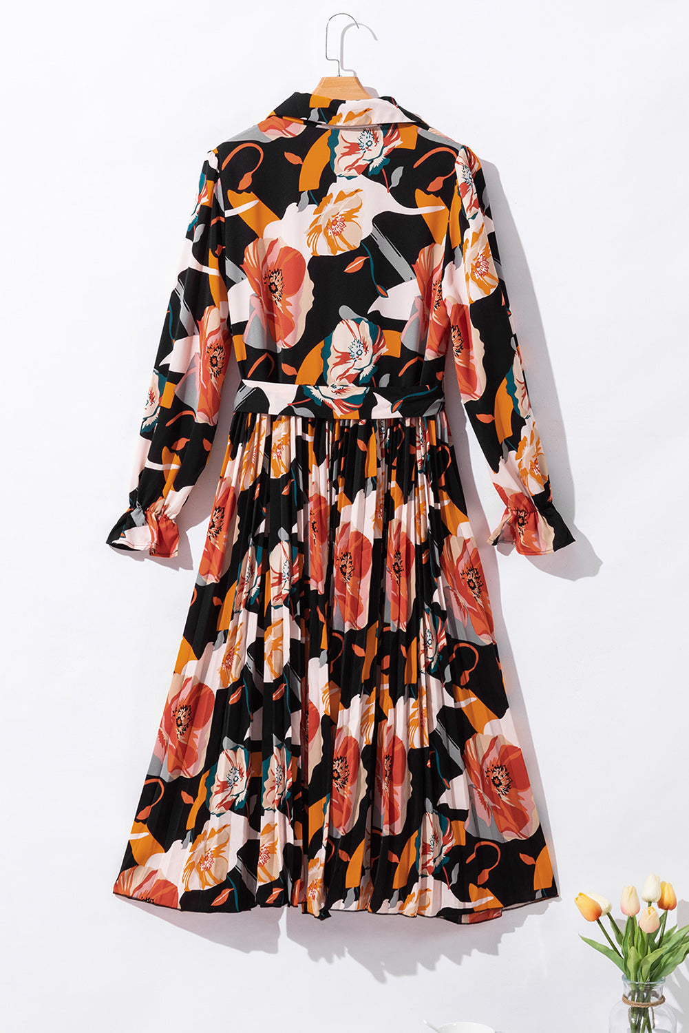 Multicolor Floral Print Waist Tie Pleated Midi Shirt Dress - Back View 1