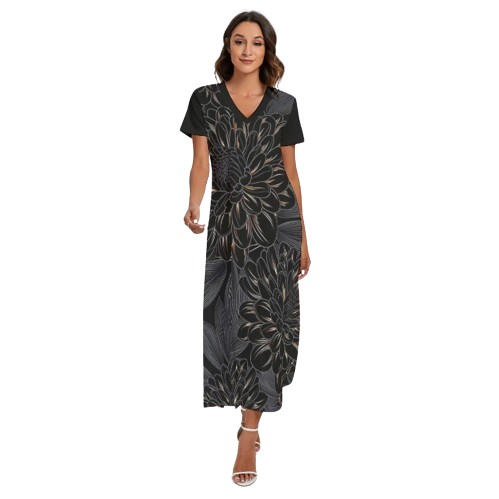 Indian Printed Women's V-neck Dress With Side Slit - Front View 1