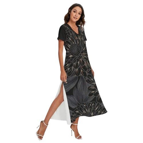 Indian Printed Women's V-neck Dress With Side Slit - Front Right View