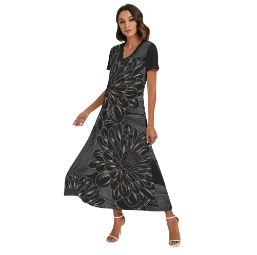 Indian Printed Women's V-neck Dress With Side Slit - Front Left View