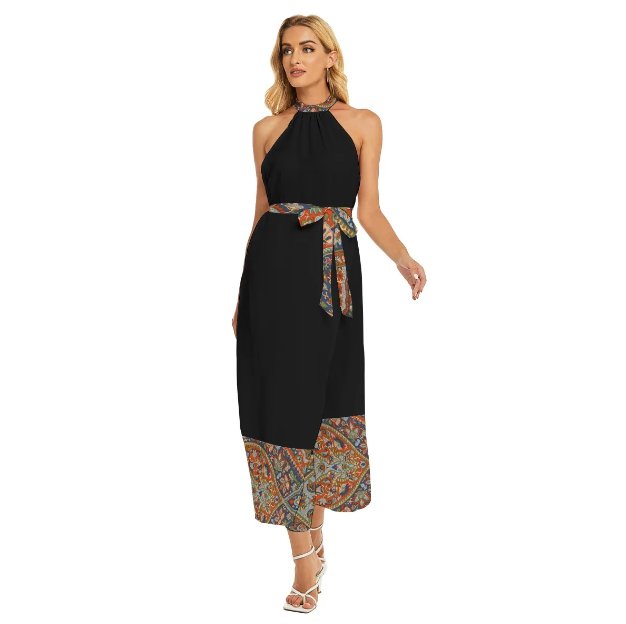 Women's Wrap Hem Belted Halter Dress - Front View