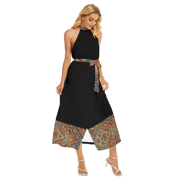 Women's Wrap Hem Belted Halter Dress - Front Right View