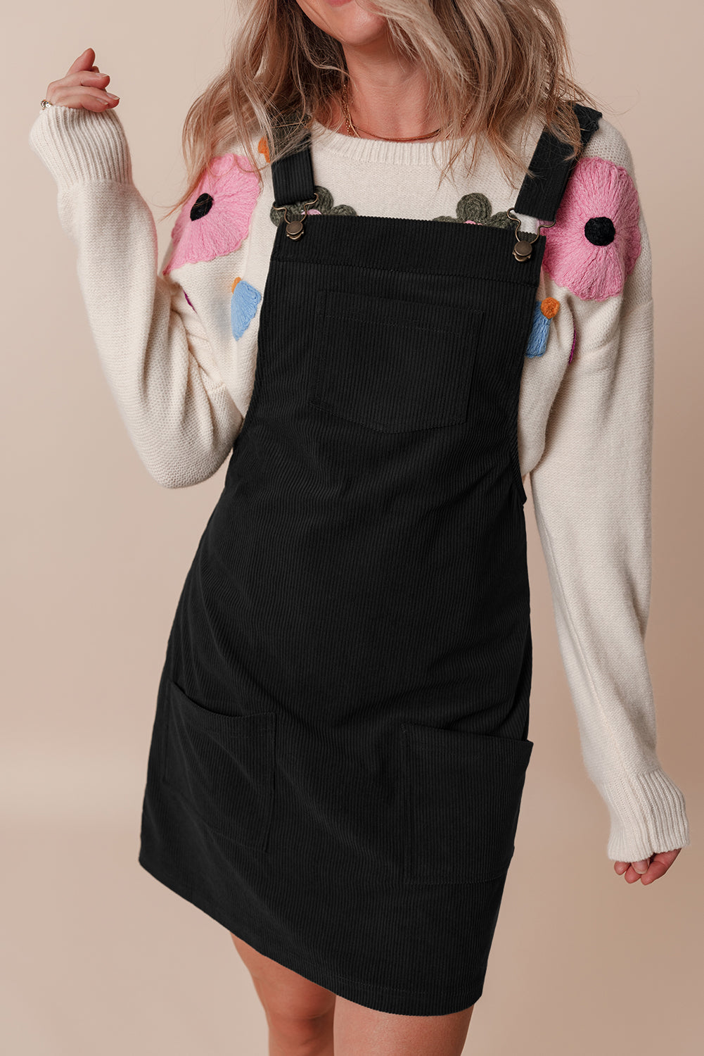 Black Solid Front Pockets Sleeveless Corduroy Overall Dress - Front View