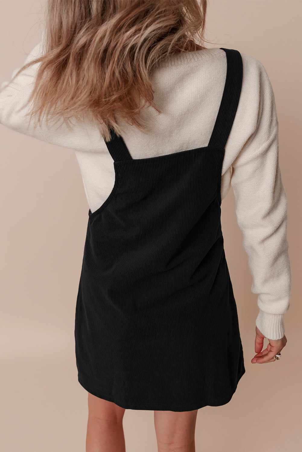 Black Solid Front Pockets Sleeveless Corduroy Overall Dress - Back View