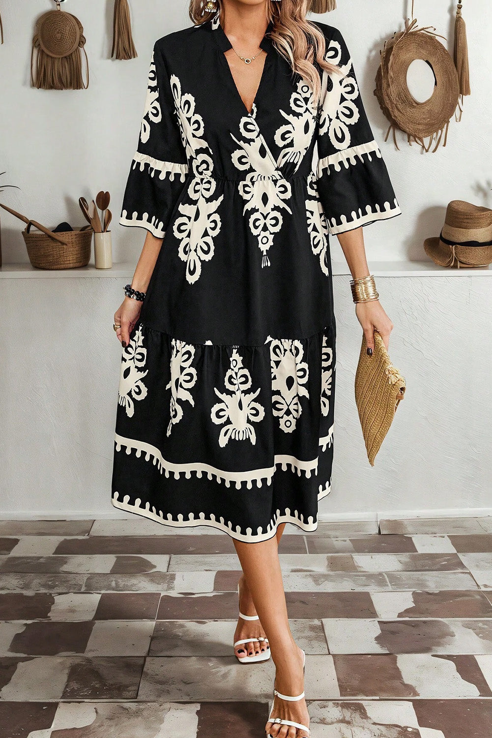 Black Western Geometric Print 3/4 Sleeve Loose Midi Dress - Front View 3