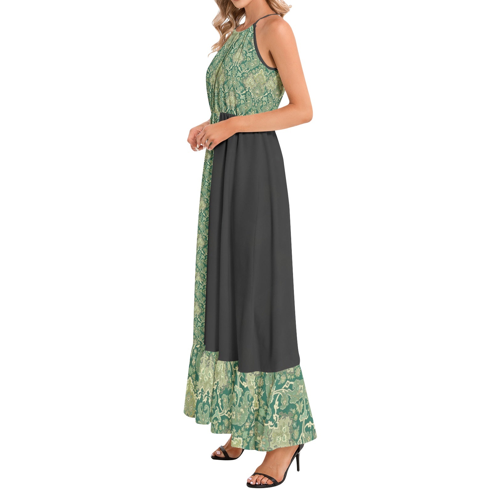 Green Halter Neck Maxi Dress -  Left Side View