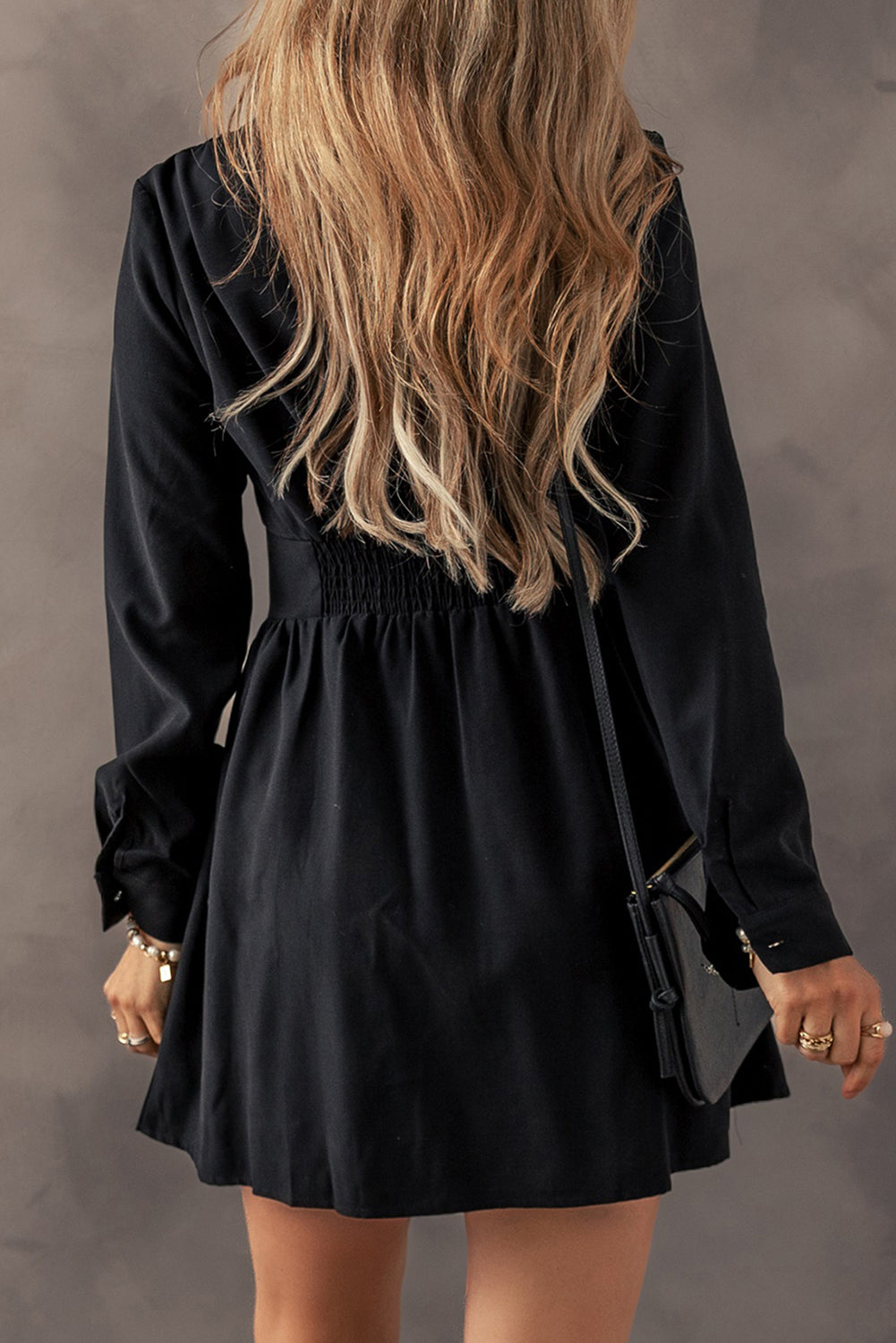 Black Elastic Cinched High Waist Long Sleeve Shirt Mini Dress - Back View