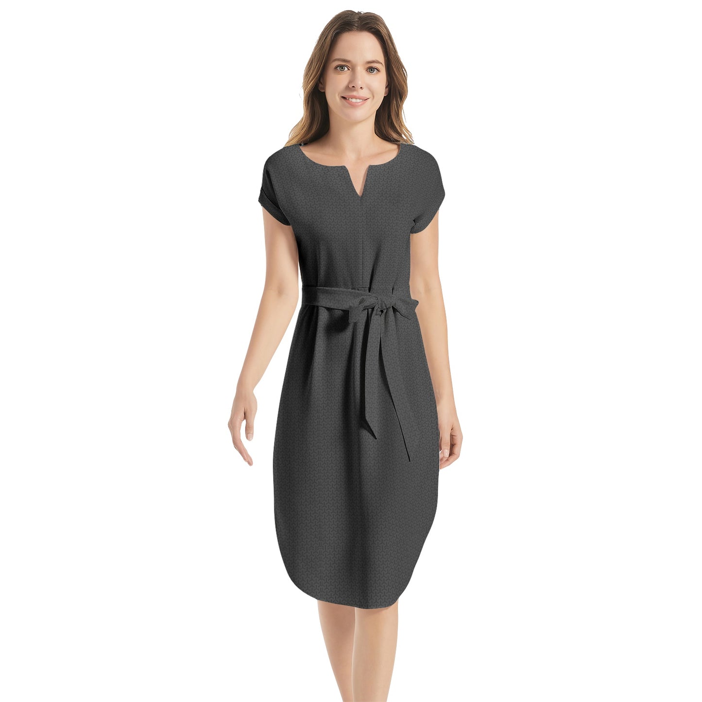 Notched Neck Belted Dress - Front View