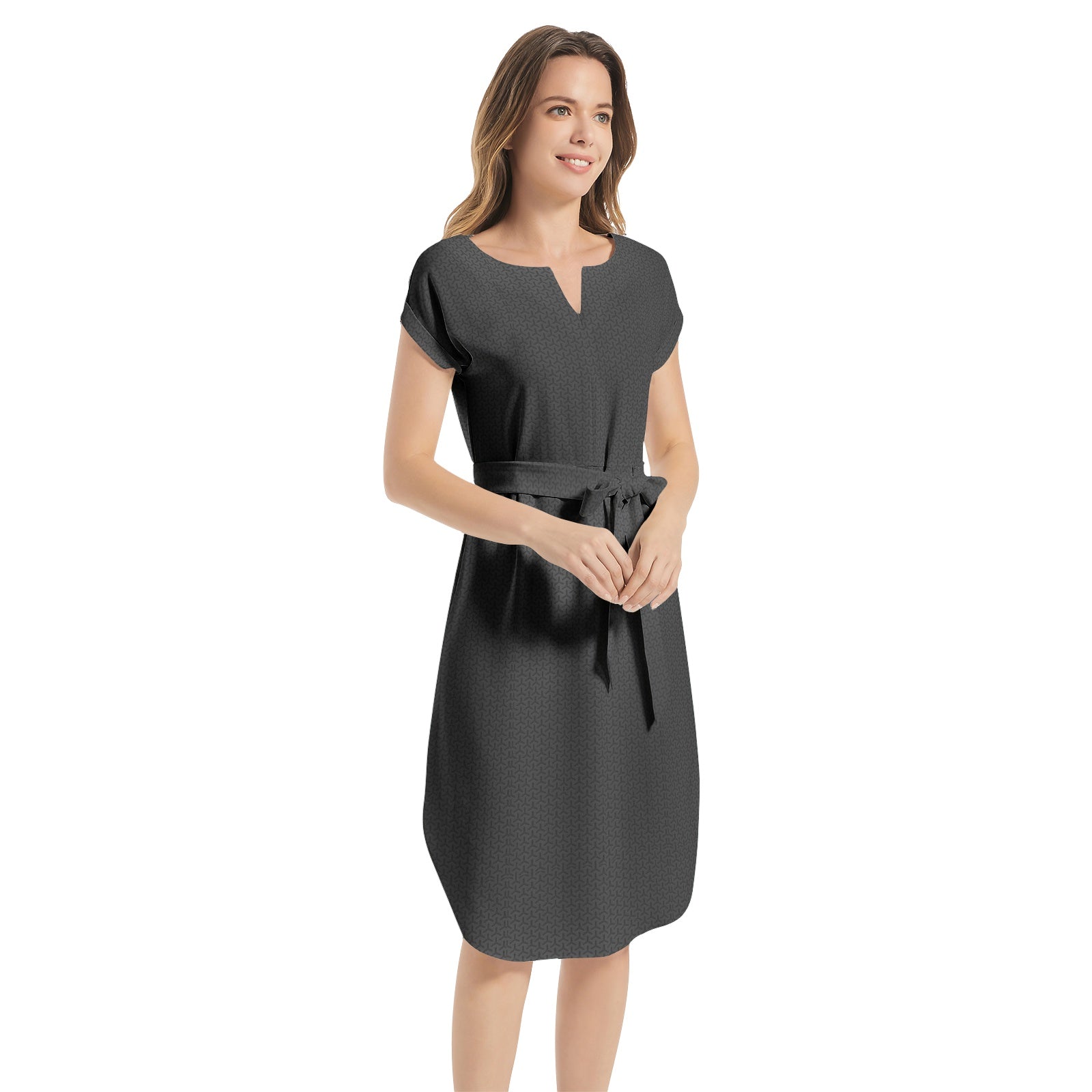 Notched Neck Belted Dress - Front Right View