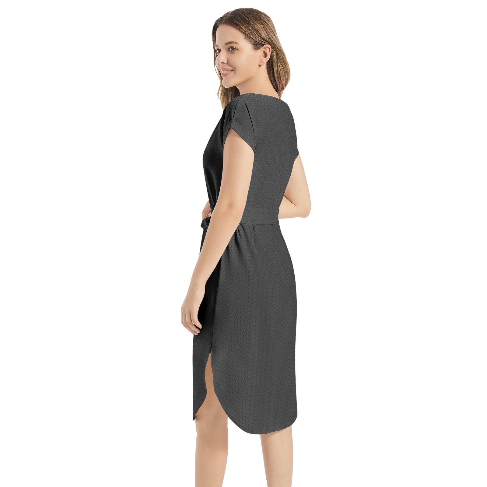 Notched Neck Belted Dress - Back View