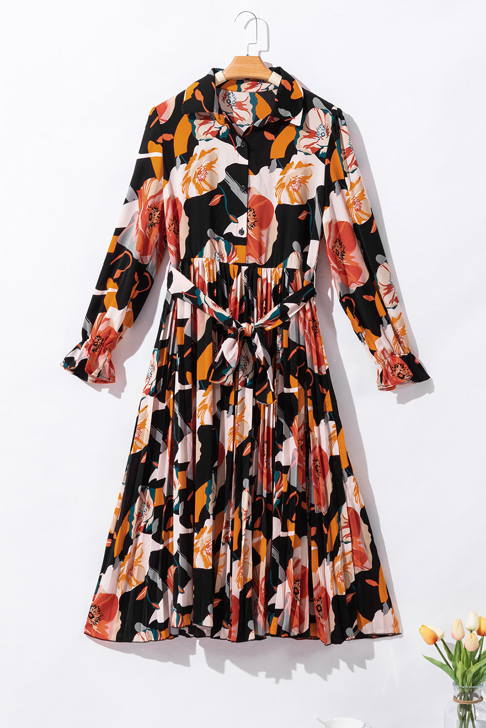 Multicolor Floral Print Waist Tie Pleated Midi Shirt Dress - Front View 5