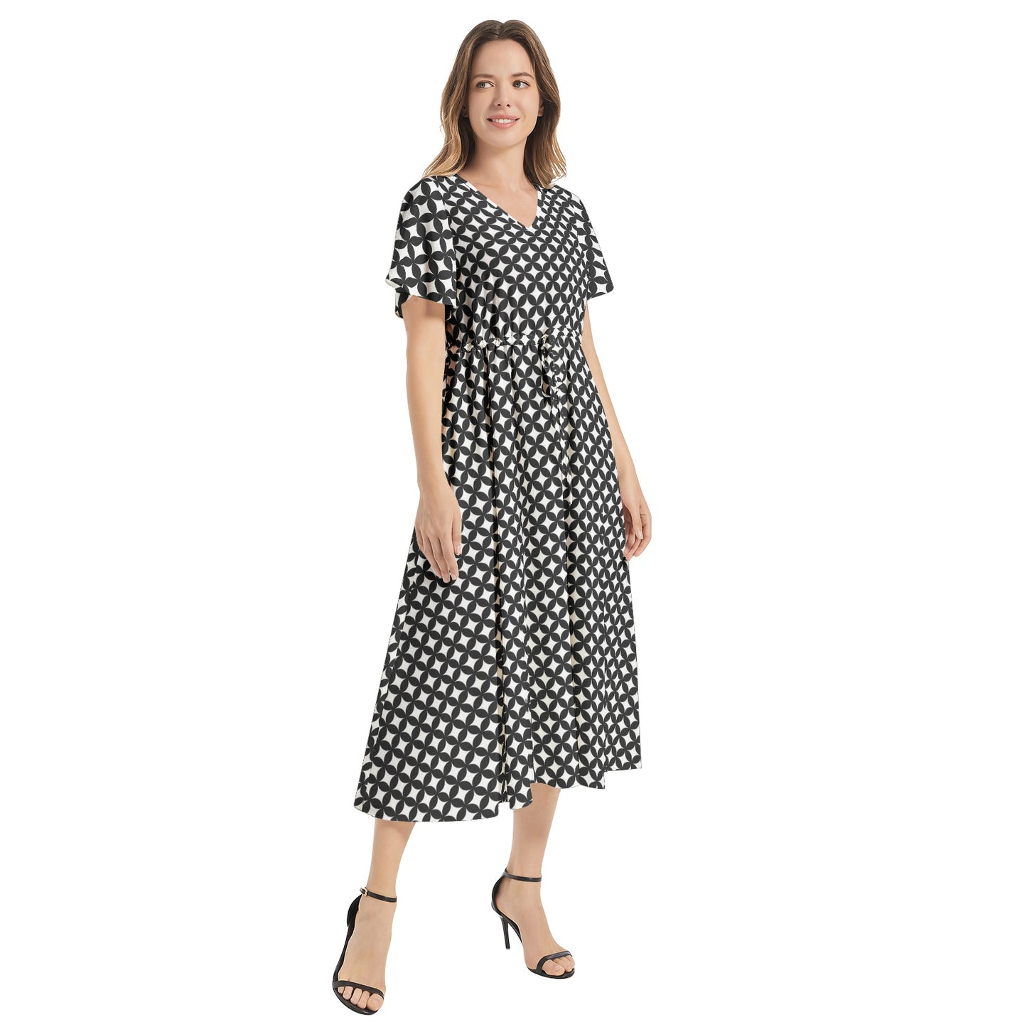 Flutter Sleeve Drawstring Waist Flared Dress - Frnt right side view