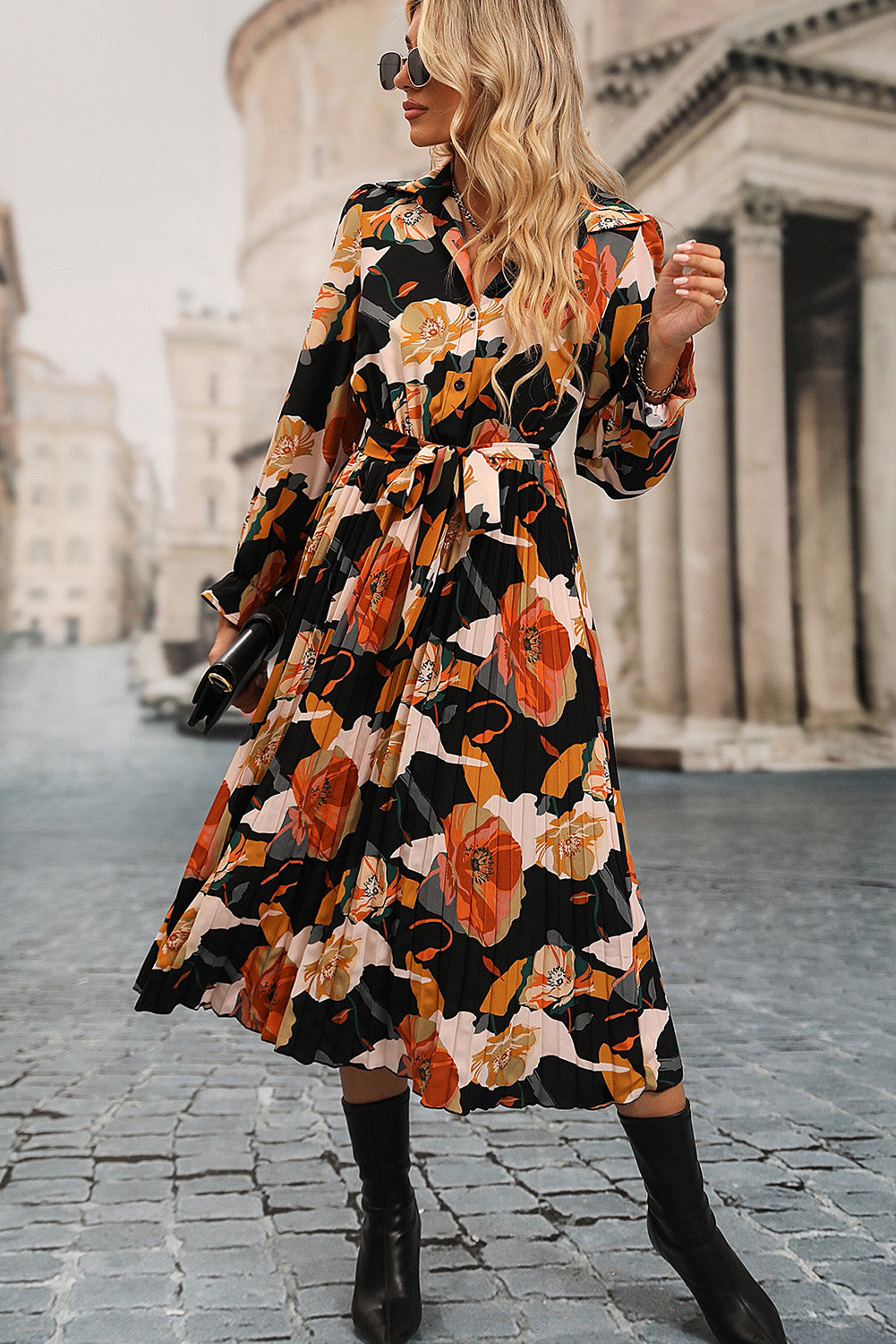 Multicolor Floral Print Waist Tie Pleated Midi Shirt Dress - Front Left View