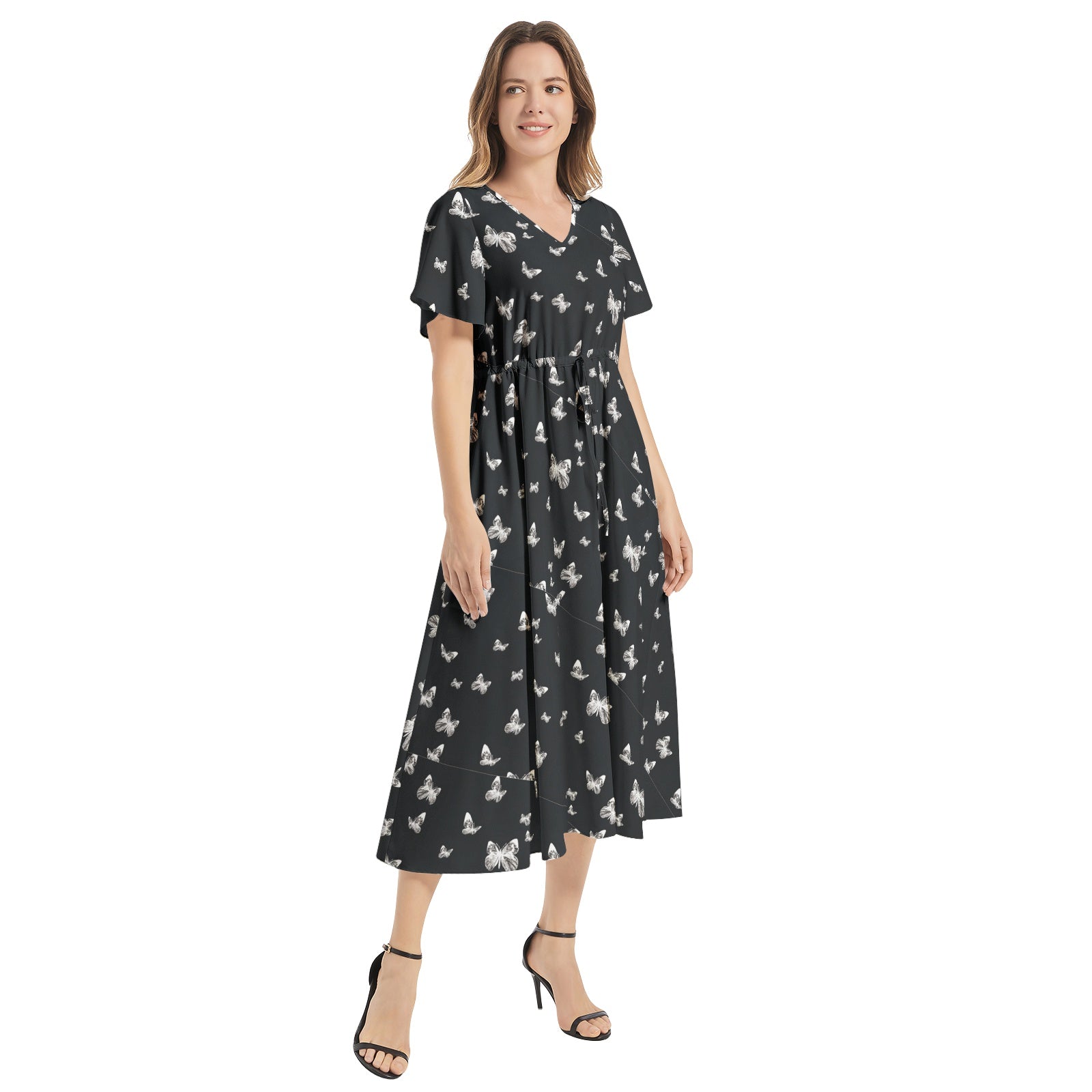 Flutter Sleeve Drawstring Waist Flared Dress - Front Right View