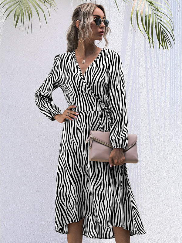 Zebra V-Neck Tie One Piece Long Sleeve Dress - Front View