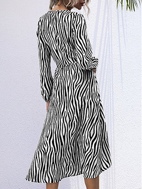 Zebra V-Neck Tie One Piece Long Sleeve Dress - Back View