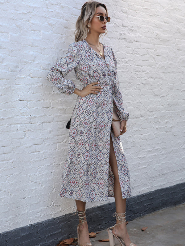 Geometric Print Long Sleeve Midi Dress - Front Right View