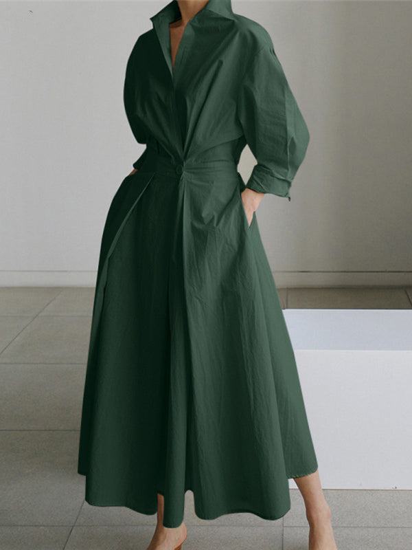 Women's Solid Color Elegant Shirt Green Dress - Front View 1