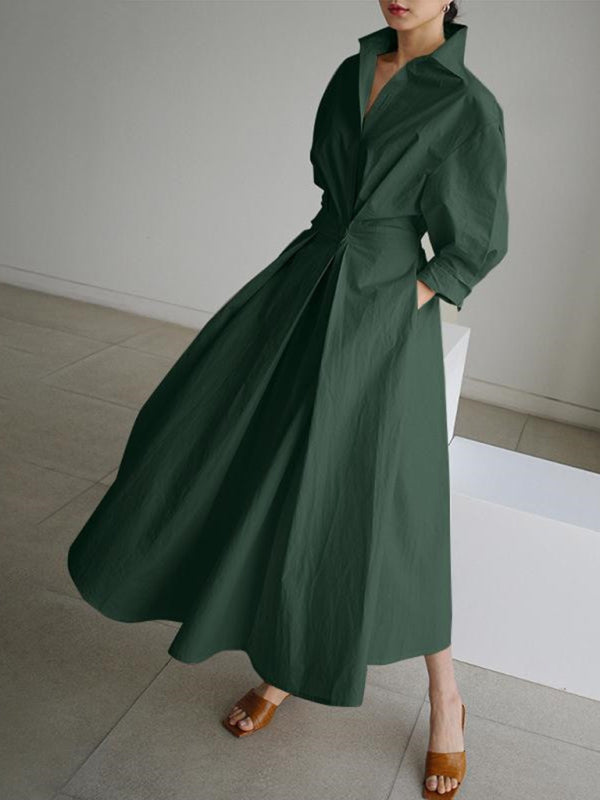 Women's Solid Color Elegant Shirt Green Dress - Front View