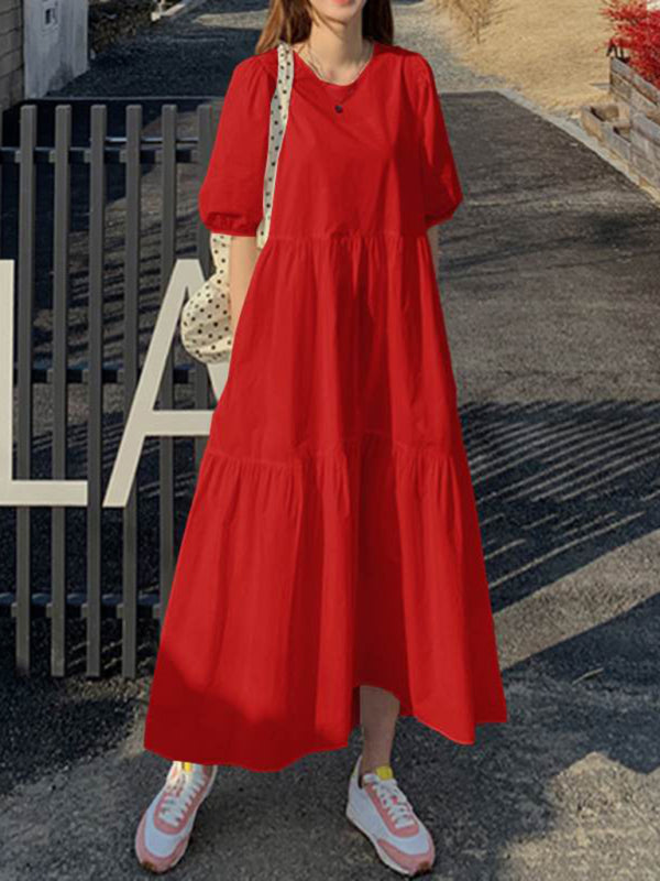 Elegant short-sleeved round neck A-line dress - Red varient ront view 1