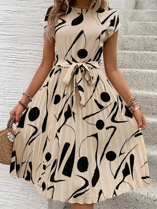 Ladies new geometric pattern print pleated dress - Front View