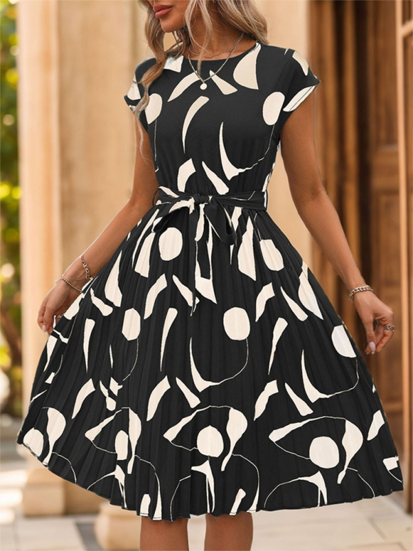 Ladies new geometric pattern print pleated dress - Black Front View