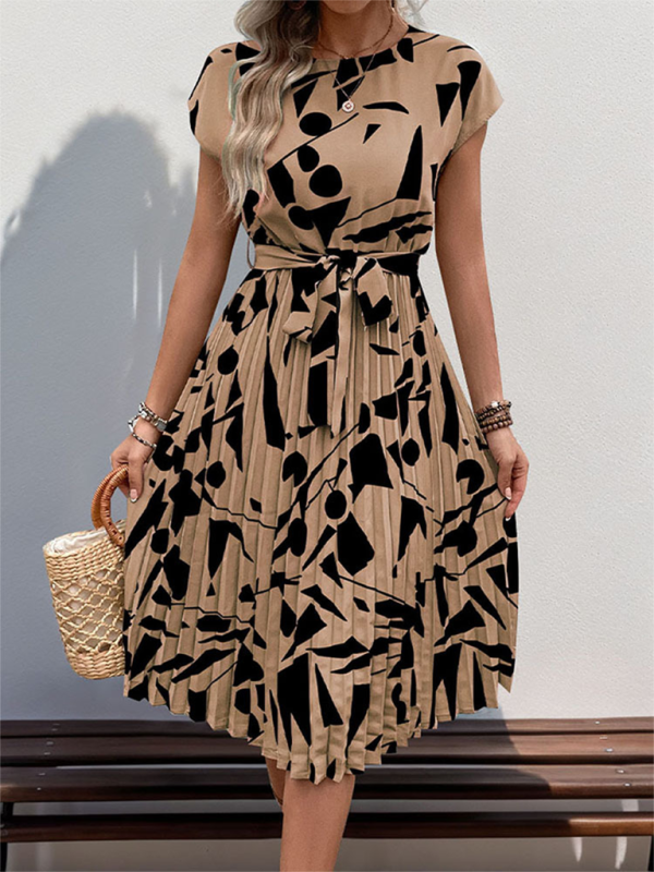 Ladies new geometric pattern print pleated dress - Front View 32