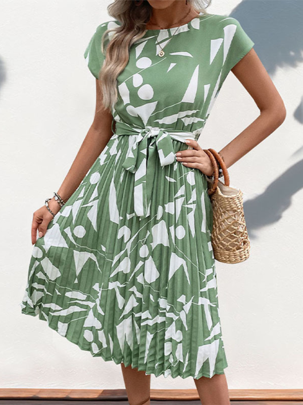 Ladies new geometric pattern print pleated dress - Green Front View