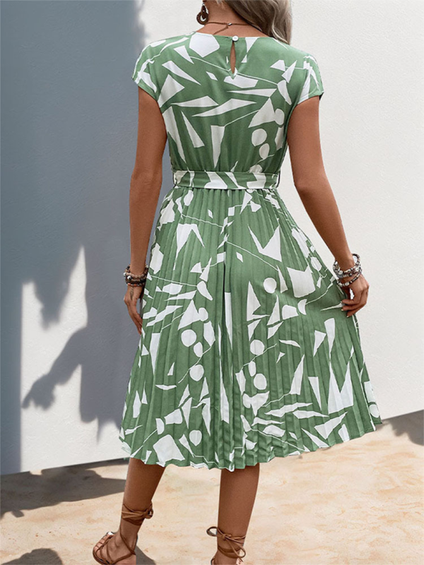 Ladies new geometric pattern print pleated dress - Green Back View 11