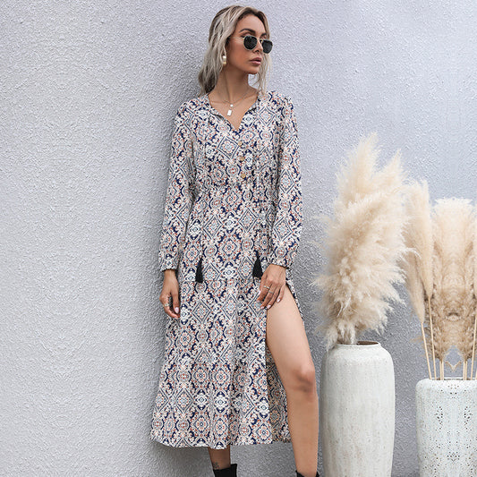 Geometric Print Long Sleeve Midi Dress - Front View