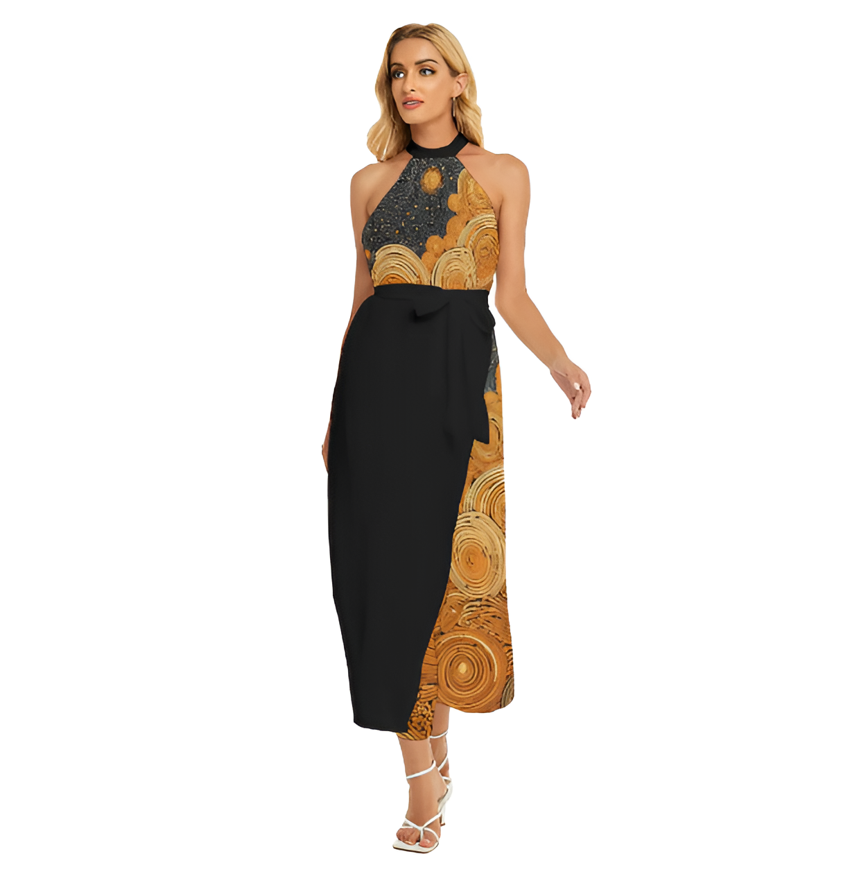 Women's Wrap Hem Belted Halter Dress - Front View