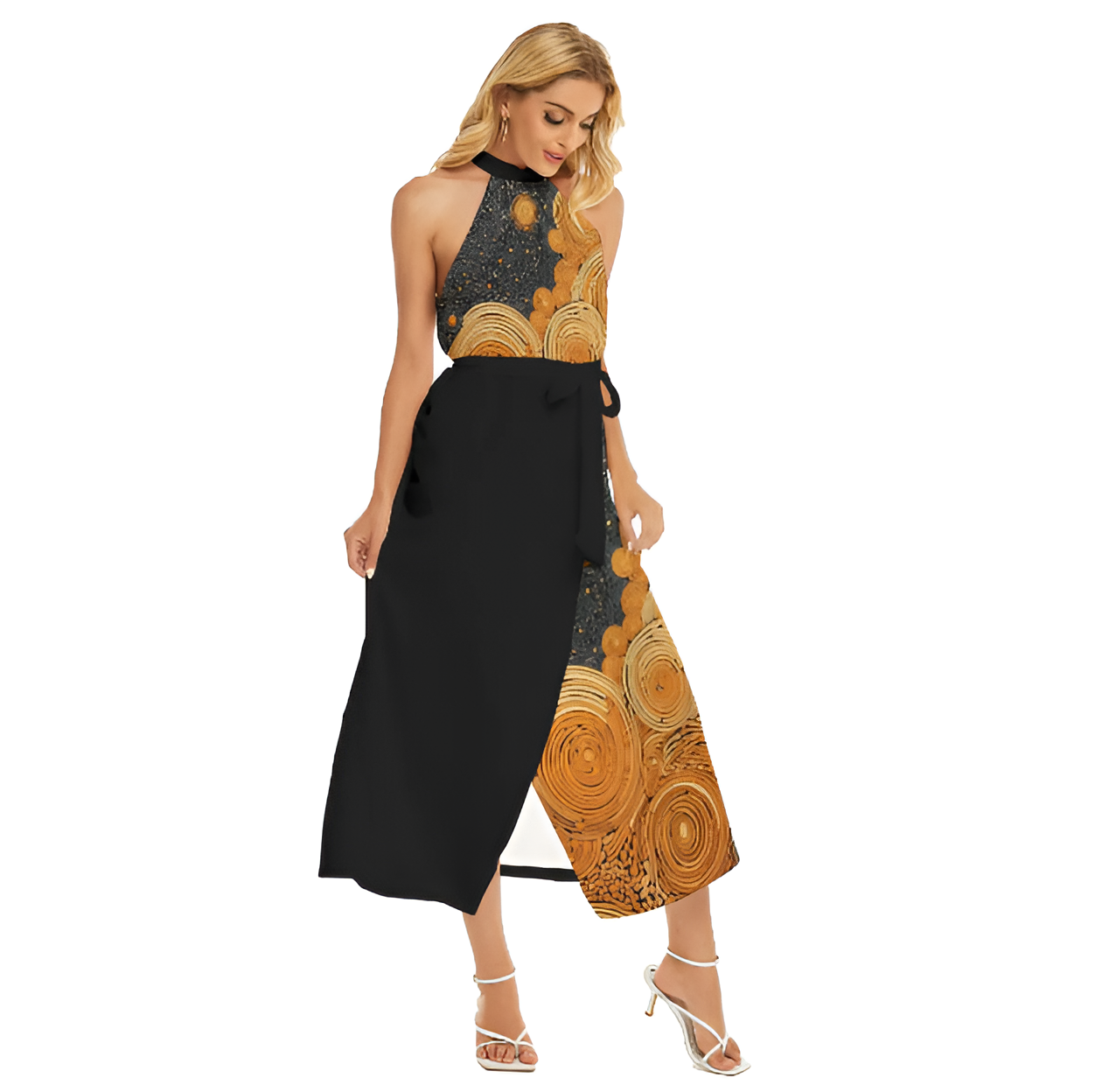 Women's Wrap Hem Belted Halter Dress - Front Left View