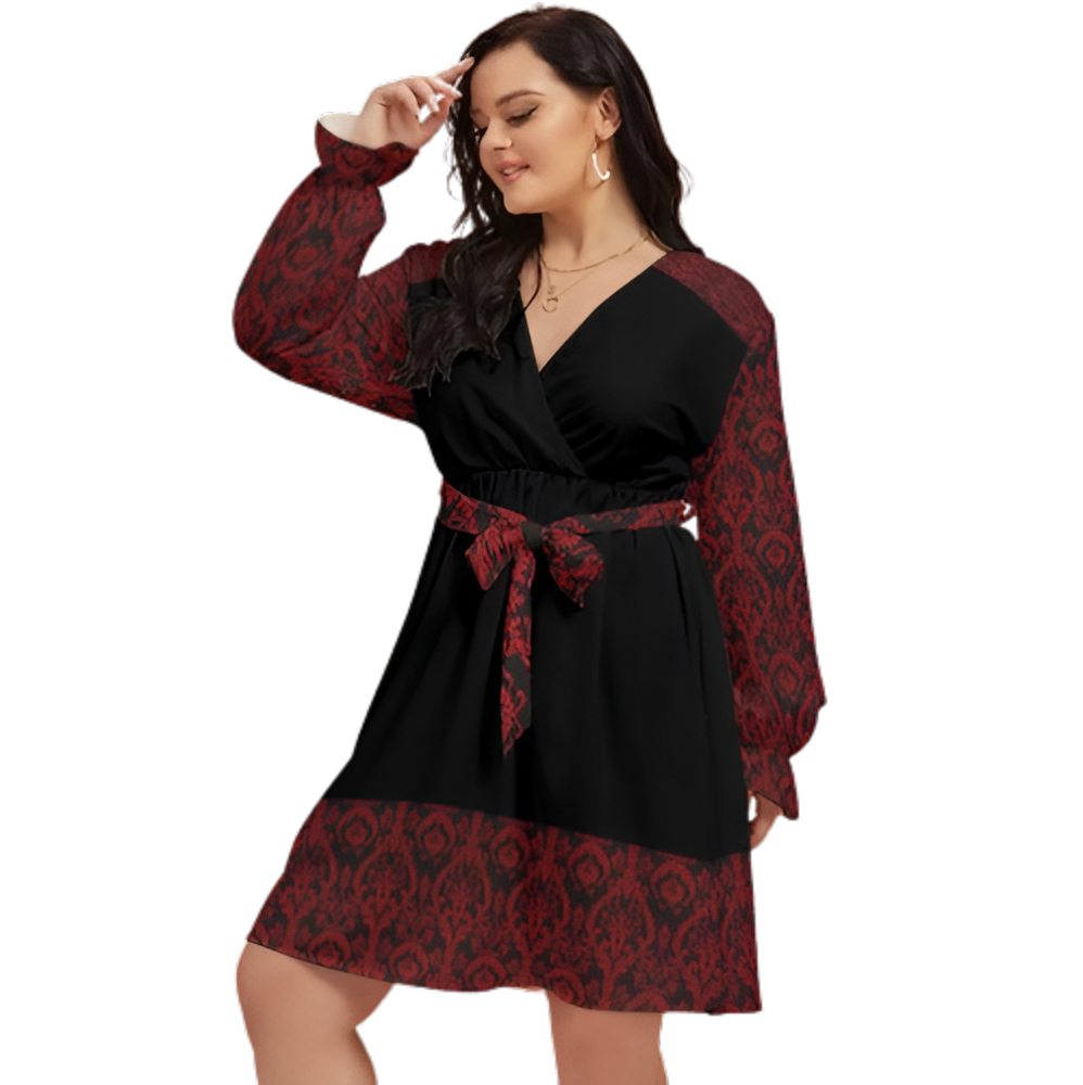 Women's V-neck Dress With Waistband (Plus Size) - Front View 1