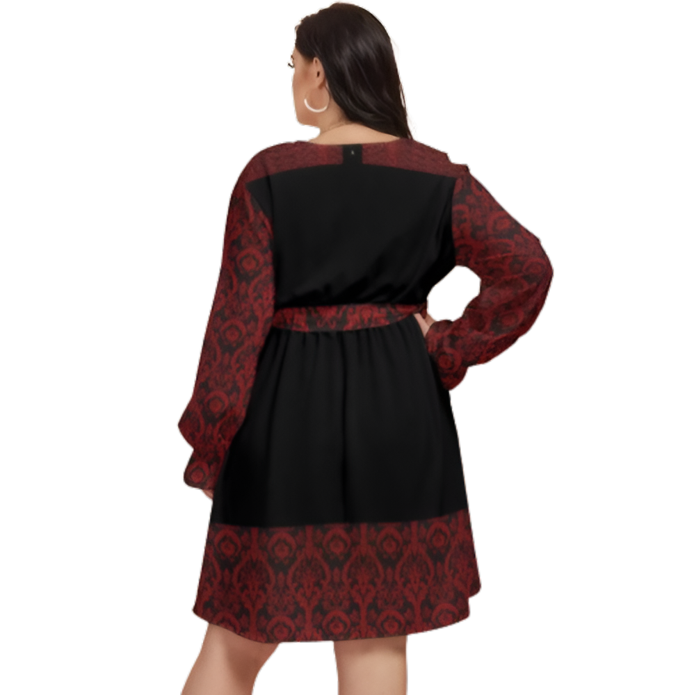 Women's V-neck Dress With Waistband (Plus Size) - Back View